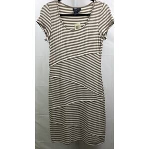Max Edition Dress Women L Taupe Cream Stripe Rayon Linen Cap Sleeve Stretch